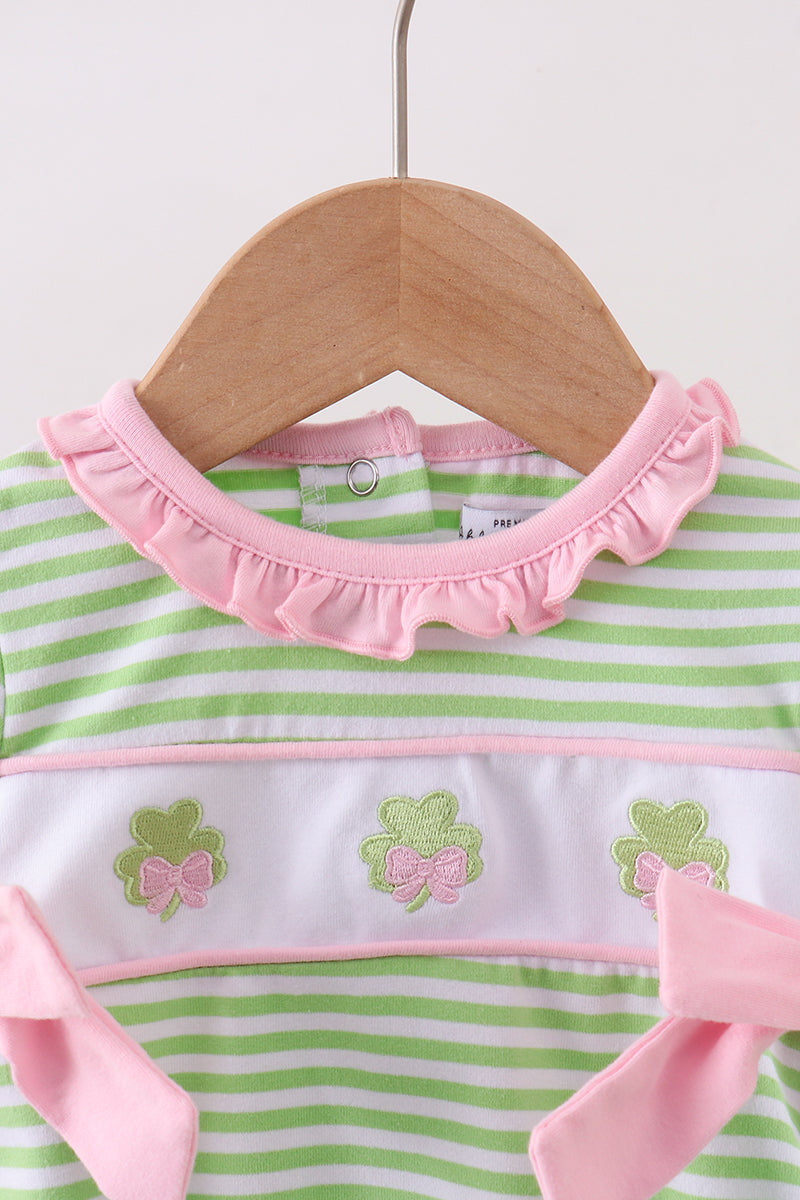 Green clover embroidery stripe bow bubble