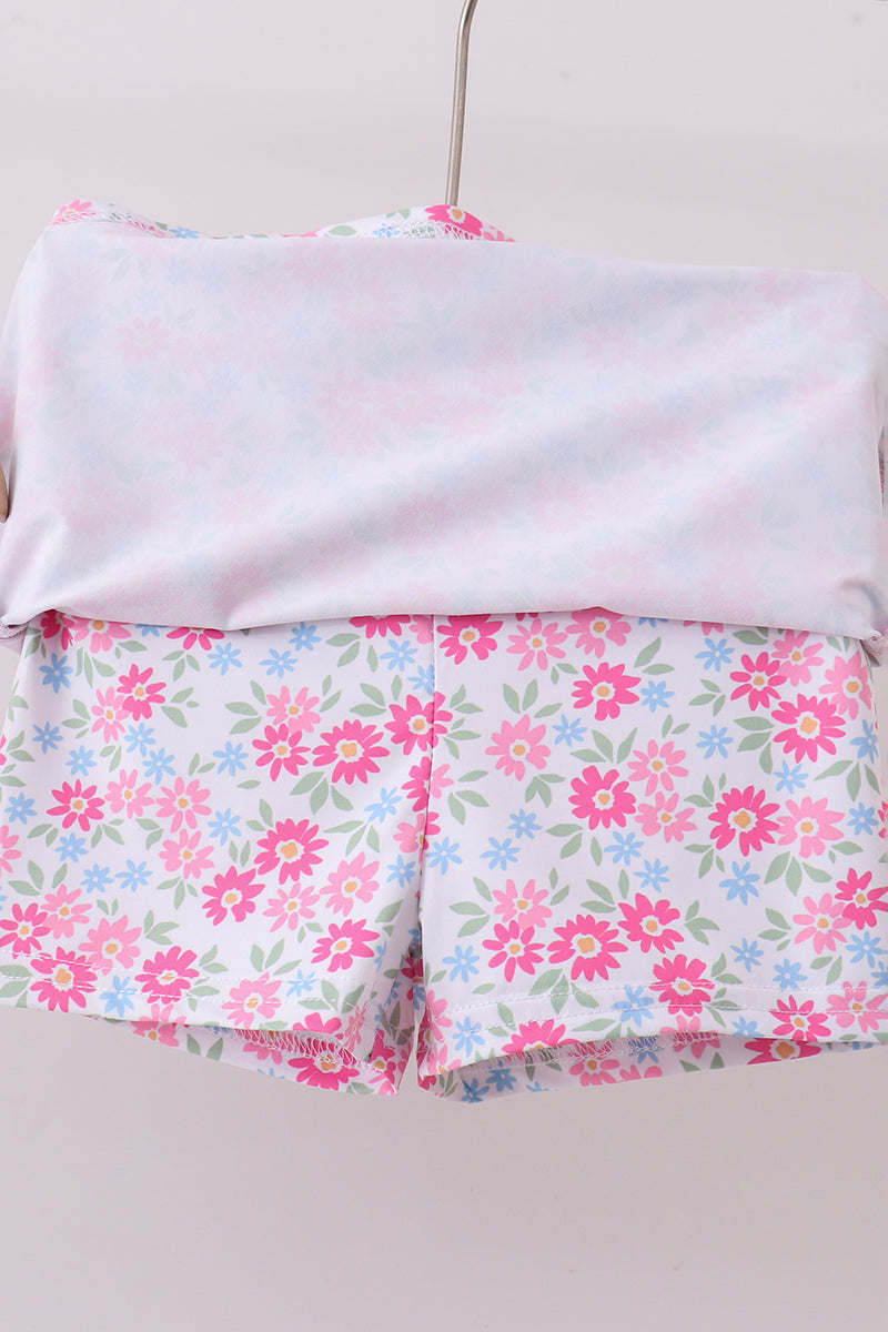 Pink floral print active skorts set