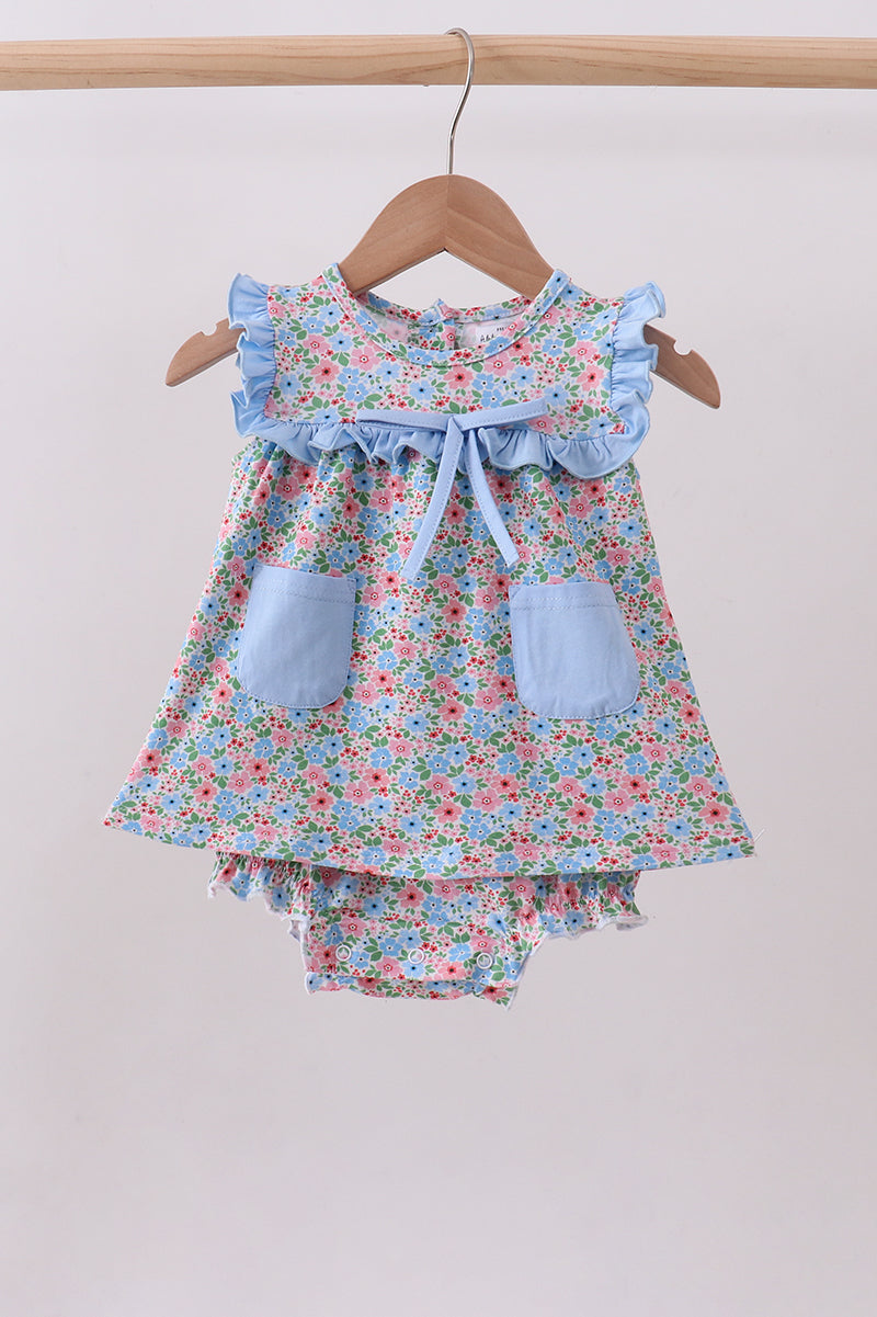 Blue floral print ruffle romper