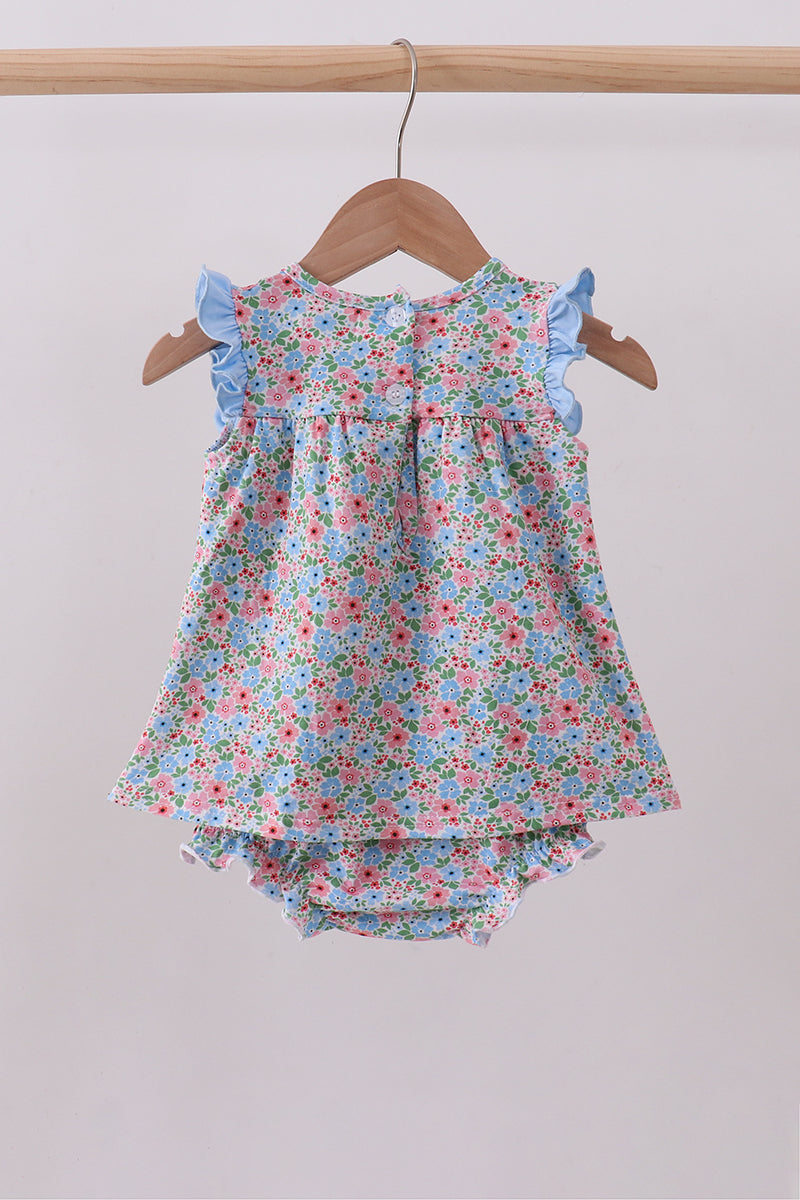 Blue floral print ruffle romper