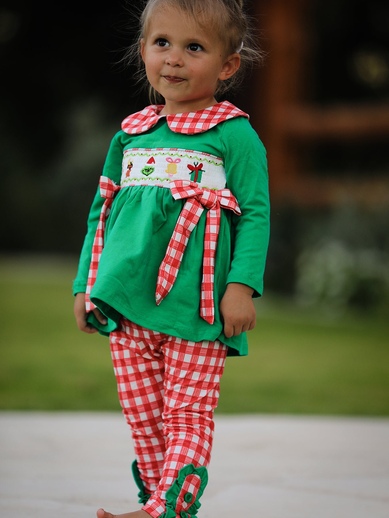 Christmas Character Candy Embroidery Green Girls Set
