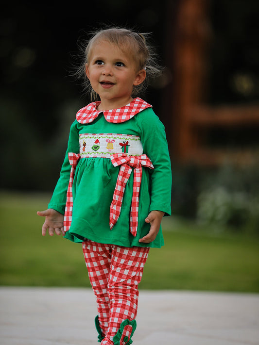 Christmas Character Candy Embroidery Green Girls Set