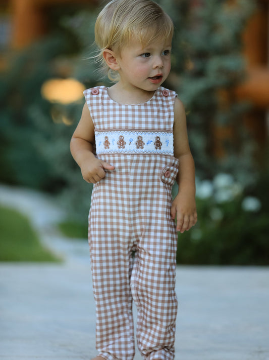 Christmas Vintage-Style Plaid Embroidered Gingerbread and Bows Boy Romper