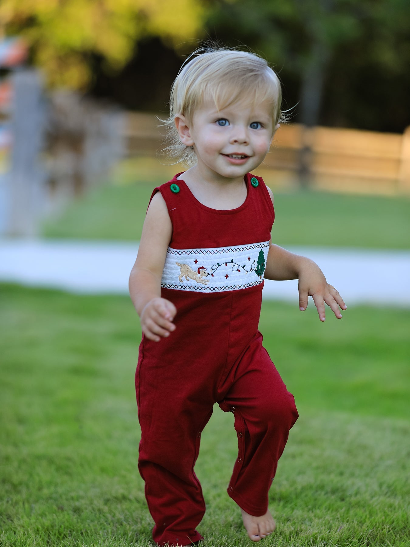 Christmas Tree Dog Smocking Embroidered Baby Boys Romper
