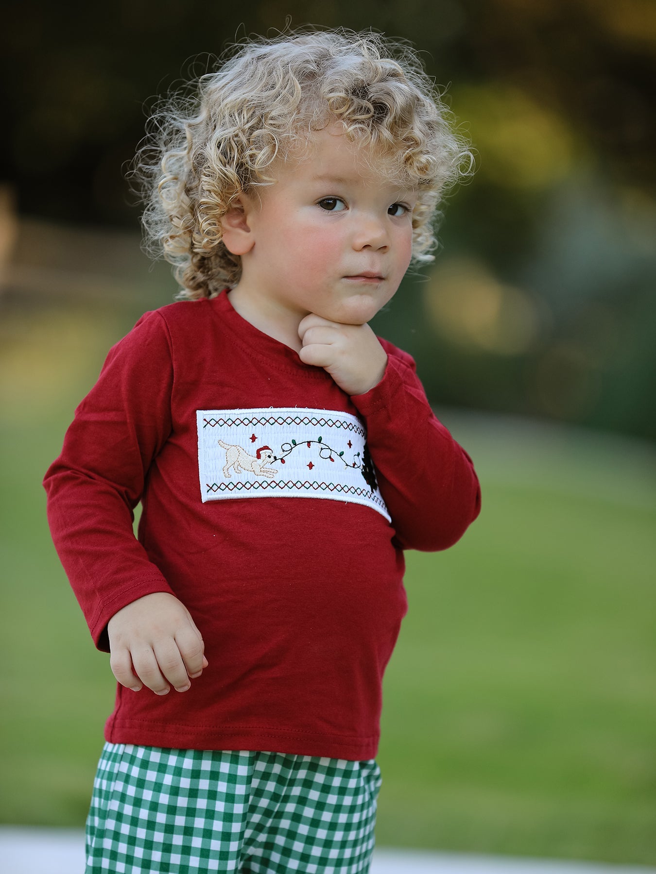 Christmas Tree Dog Smocking Embroidered  Plaid Boys Set